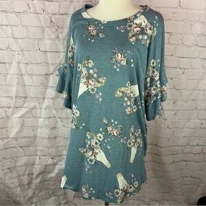 NWT boutique western boho chic Floral cow bull skull Women's Top ruffle sleeve